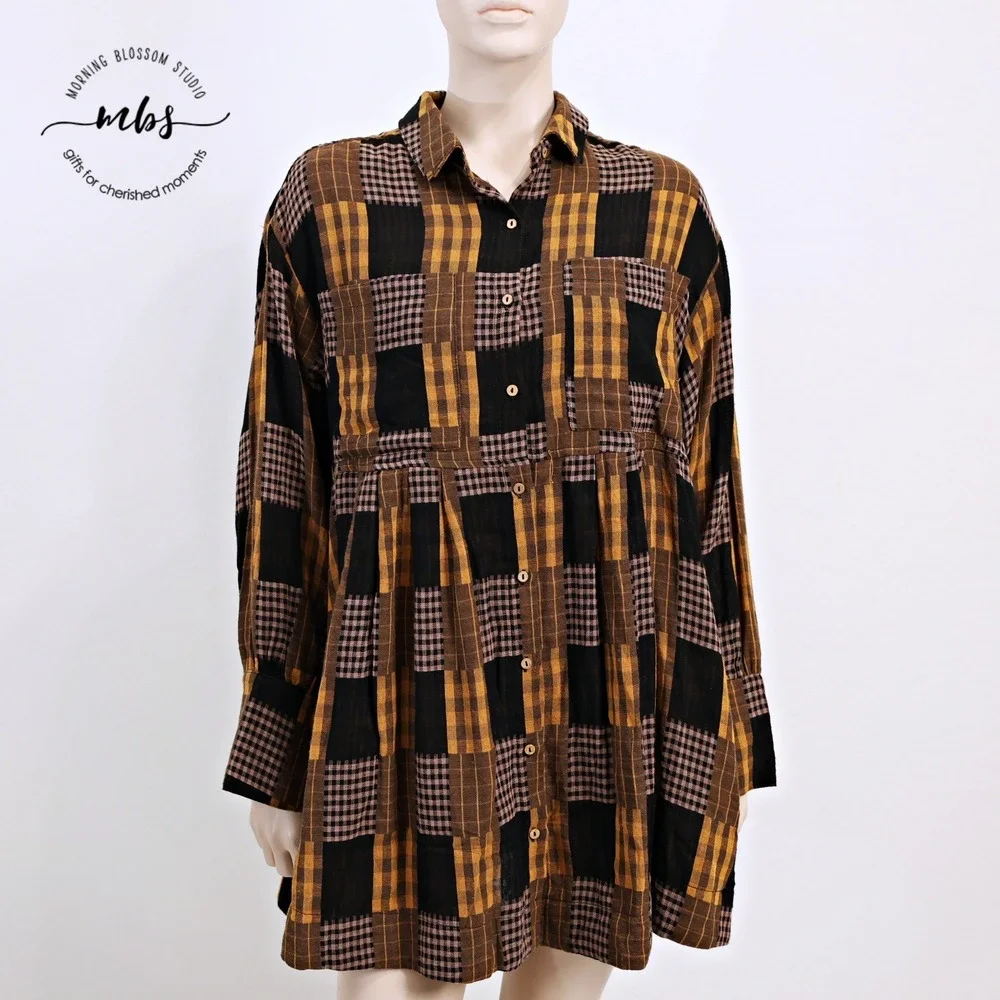NWT Saints & Hearts Plaid Babydoll Mini Dress Black Yellow Women‎ L*